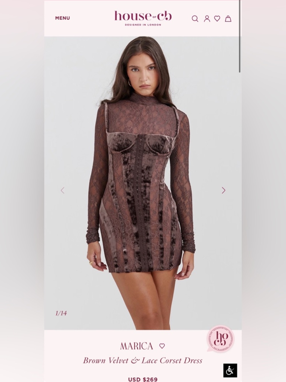 House of CB Brown Velvet & Lace Corset Mini Dress